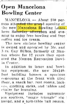 Mancelona Lanes - March 1960 Opening Announcement